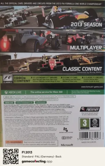 F1 2013 Xbox 360, Germany box back