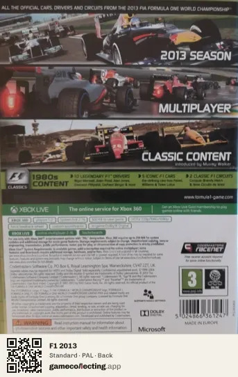 F1 2013 Xbox 360, PAL box back