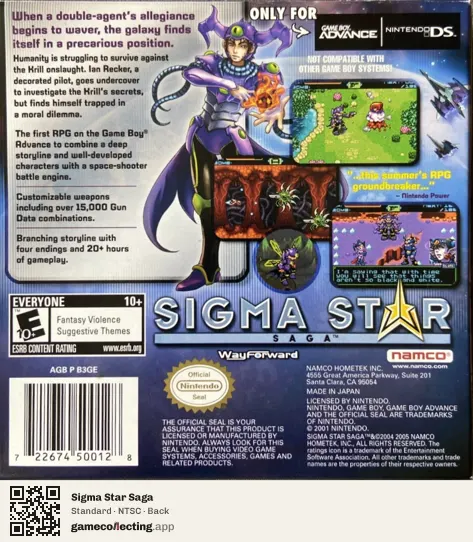 Sigma Star Saga Game Boy Advance, NTSC box back