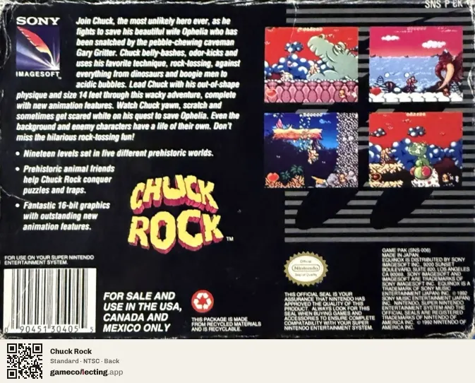 Chuck Rock Super Nintendo Entertainment System, NTSC box back