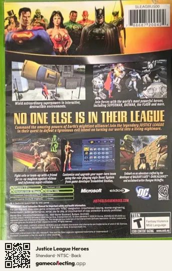 Justice League Heroes Xbox, NTSC box back
