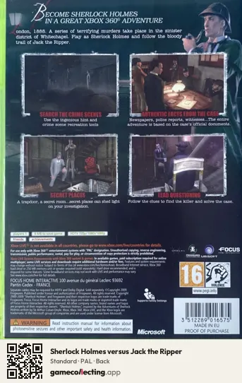 Sherlock Holmes versus Jack the Ripper Xbox 360, PAL box back