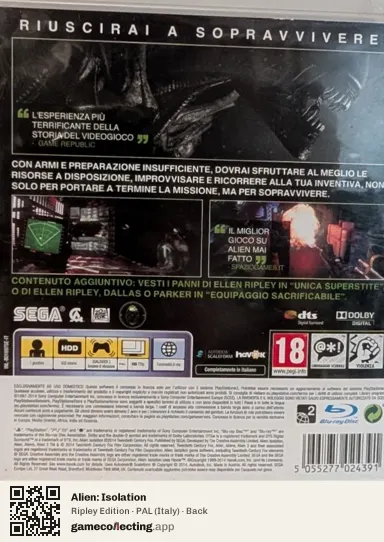 Alien: Isolation PlayStation 3, Italy box back