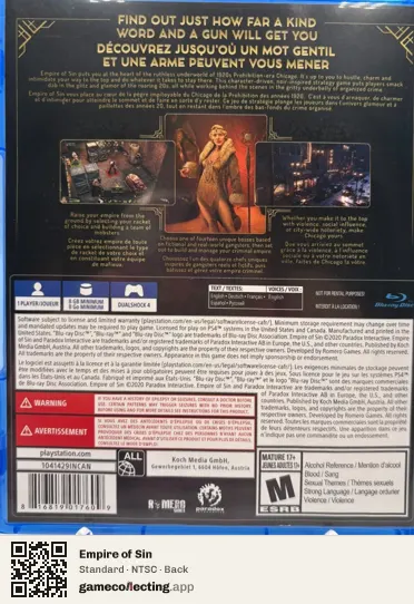 Empire of Sin PlayStation 4, NTSC box back