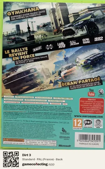 Dirt 3 Xbox 360, France box back