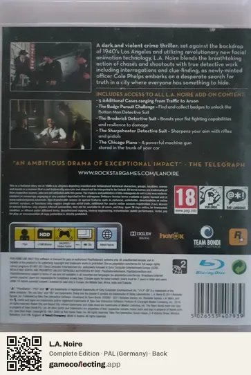 L.A. Noire PlayStation 3, Germany box back