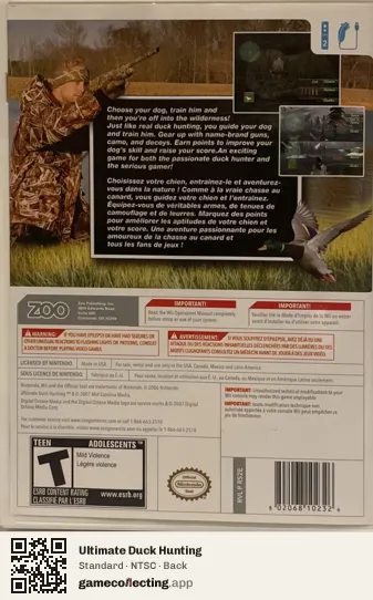 Ultimate Duck Hunting Nintendo Wii, NTSC box back