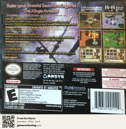 From the Abyss Nintendo DS, NTSC box back