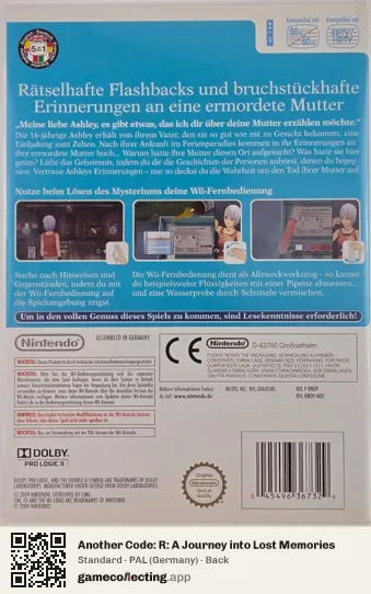 Another Code: R: A Journey into Lost Memories Nintendo Wii, Germany box back