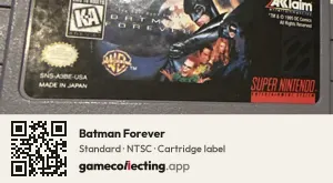 Batman Forever Super Nintendo Entertainment System, NTSC cartridge label