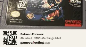 Batman Forever Super Nintendo Entertainment System, NTSC cartridge label