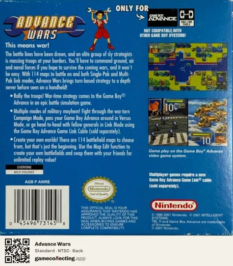 Advance Wars Game Boy Advance, NTSC box back