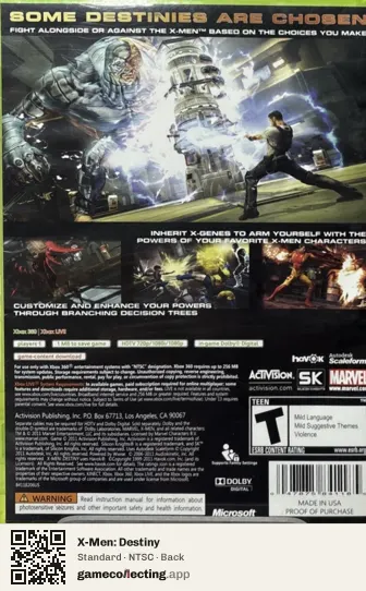 X-Men: Destiny Xbox 360, NTSC box back