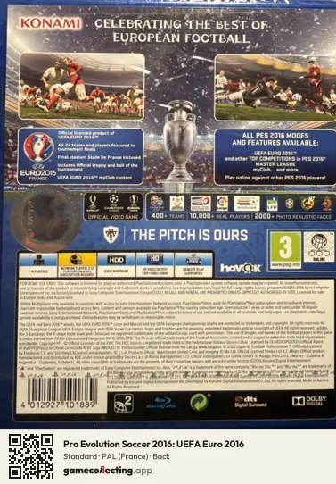 Pro Evolution Soccer 2016: UEFA Euro 2016 PlayStation 4, France box back