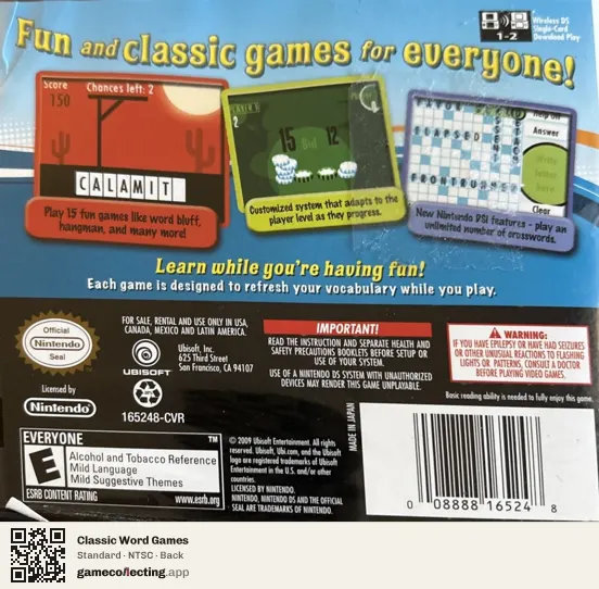 Classic Word Games Nintendo DS, NTSC box back