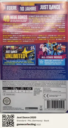 Just Dance 2020 Nintendo Switch, Germany box back