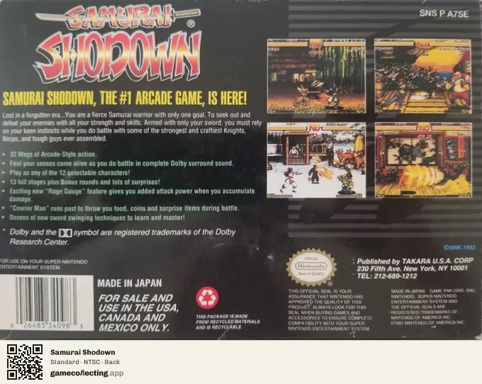 Samurai Shodown Super Nintendo Entertainment System, NTSC box back