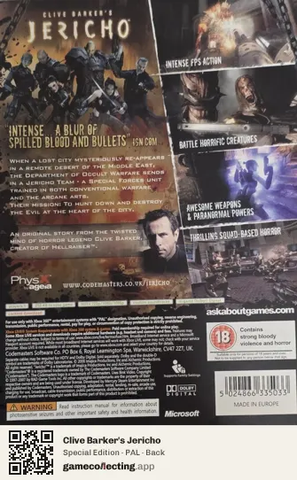 Clive Barker's Jericho Xbox 360, PAL box back