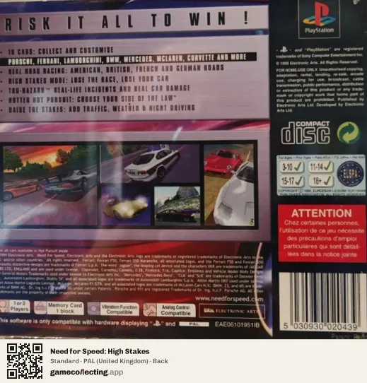 Need for Speed: High Stakes PlayStation, United Kingdom box back