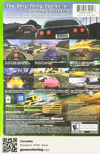 Corvette Xbox, NTSC box back