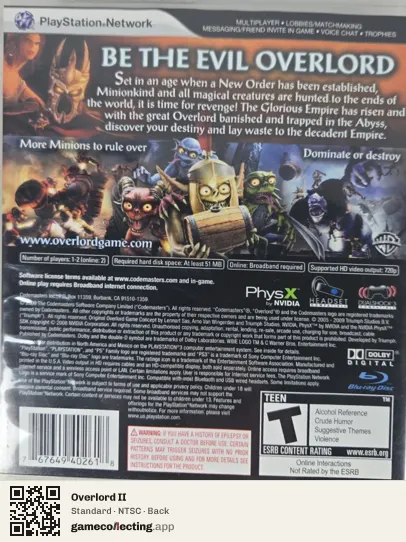 Overlord II PlayStation 3, NTSC box back