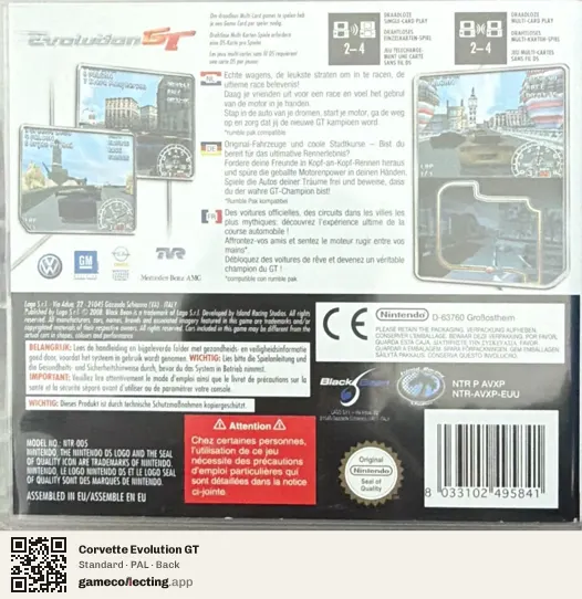 Corvette Evolution GT Nintendo DS, PAL box back