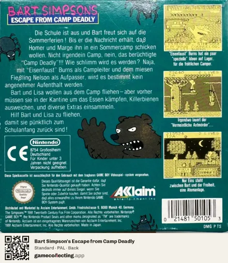 Bart Simpson's Escape from Camp Deadly Game Boy, PAL box back