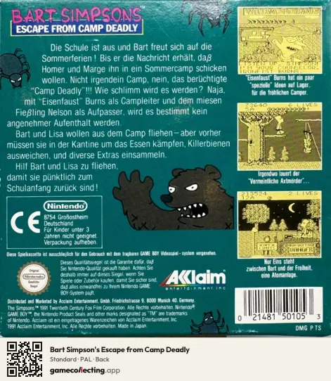 Bart Simpson's Escape from Camp Deadly Game Boy, PAL box back