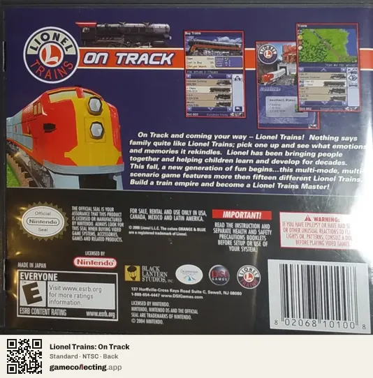 Lionel Trains: On Track Nintendo DS, NTSC box back