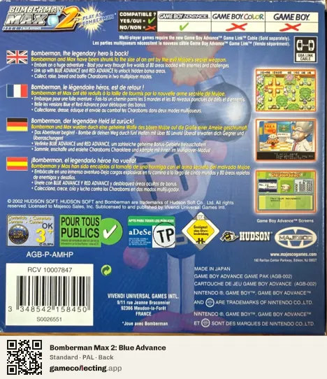 Bomberman Max 2: Blue Advance Game Boy Advance, PAL box back
