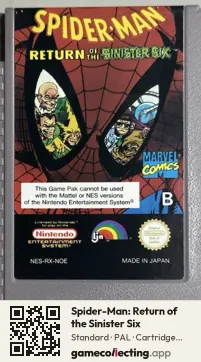 Spider-Man: Return of the Sinister Six Nintendo Entertainment System, PAL cartridge label