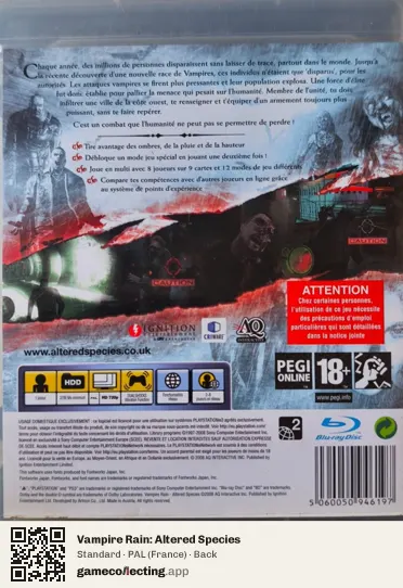 Vampire Rain: Altered Species PlayStation 3, France box back