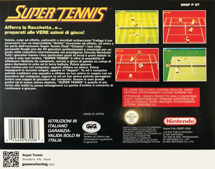 Super Tennis Super Nintendo Entertainment System, PAL box back