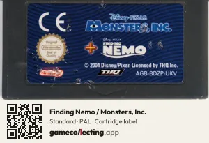 Finding Nemo / Monsters, Inc. Game Boy Advance, PAL cartridge label