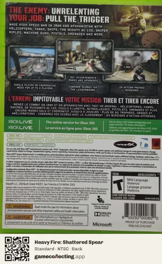 Heavy Fire: Shattered Spear Xbox 360, NTSC box back