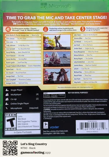 Let's Sing Country Xbox One, NTSC box back