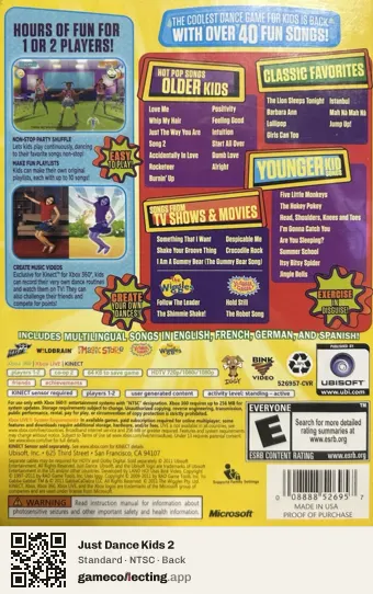 Just Dance Kids 2 Xbox 360, NTSC box back