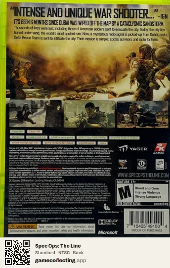 Spec Ops: The Line Xbox 360, NTSC box back