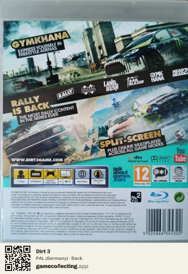 Dirt 3 PlayStation 3, Germany box back