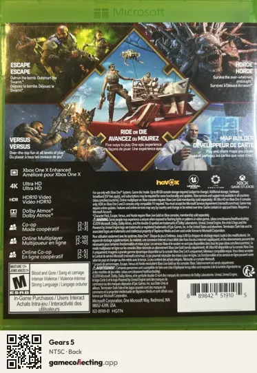 Gears 5 Xbox One, NTSC box back
