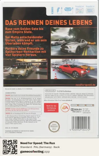 Need for Speed: The Run Nintendo Wii, Germany box back