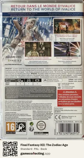 Final Fantasy XII: The Zodiac Age Nintendo Switch, PAL box back
