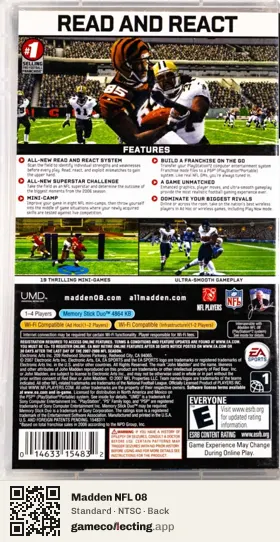 Madden NFL 08 PlayStation Portable, NTSC box back
