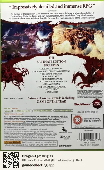 Dragon Age: Origins Xbox 360, United Kingdom box back