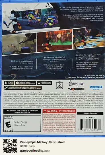 Disney Epic Mickey: Rebrushed PlayStation 5, NTSC box back