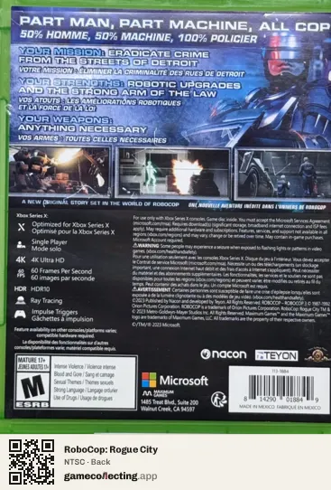 RoboCop: Rogue City Xbox Series X, NTSC box back