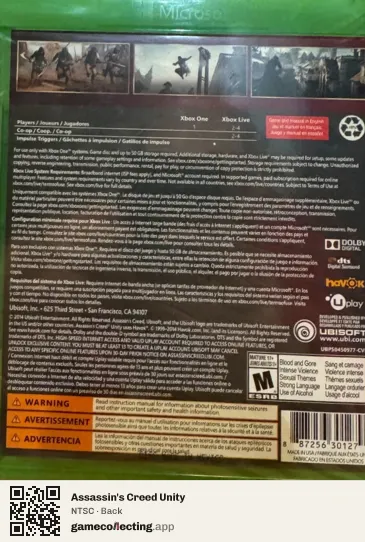 Assassin's Creed Unity Xbox One, NTSC box back