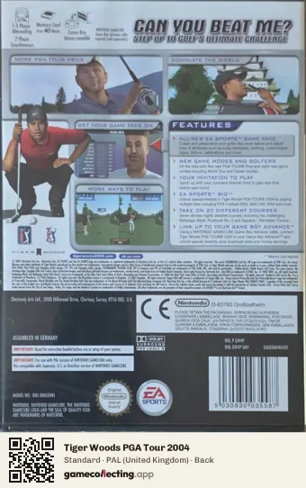 Tiger Woods PGA Tour 2004 Nintendo GameCube, United Kingdom box back