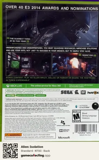 Alien: Isolation Xbox 360, NTSC box back