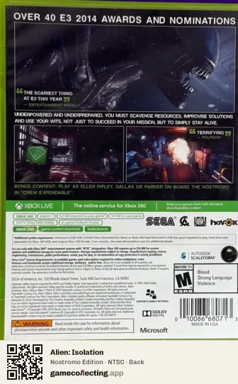 Alien: Isolation Xbox 360, NTSC box back